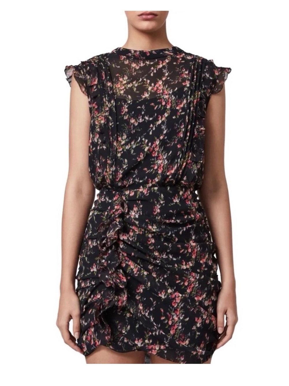 AllSaints NWT Draped Floral Mini Dress Black Silk Blend